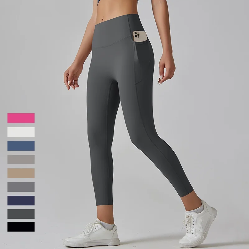 Yoga leggings with brand logo women no awkward line tights anti-roll edge ninth pants with pockets high waist hip lift leggings