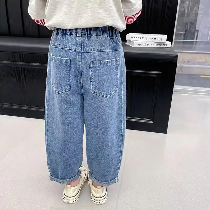 2024 New Girls Jeans Cartoon Hello Kitty Embroidery Spring Autumn Toddler Girl Denim Pants Fashion Kids Loose straight Trousers