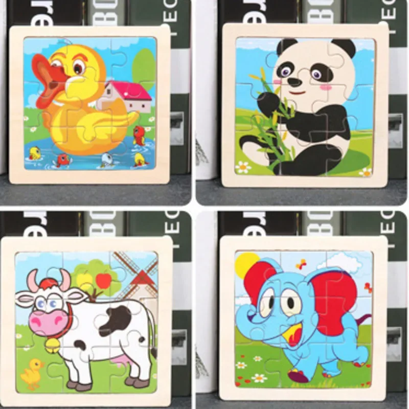 9-Grid Wooden Cartoon 3D Puzzle for Kids - Educational Learning Toy with Animal Designs Ideal for Students & Home Ornament