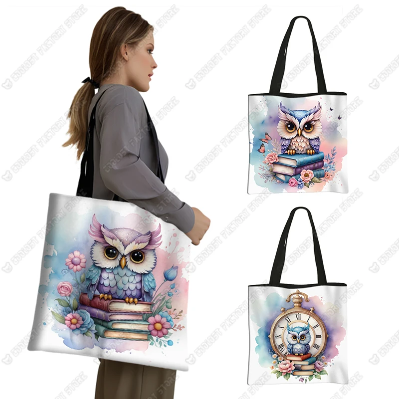 Cute Owl Standing on The Books Print Shopping Bag Cartoon Owl and Clock Women Totes Handbag Large Capacity Shoulder Bag BookBag