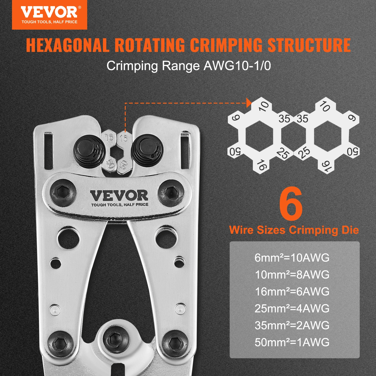 VEVOR Battery Cable Lug Crimping Tool 10-1/0 AWG with 60PCS Aluminum Ring Connectors Terminals Crimping Die Terminal Lug Crimper