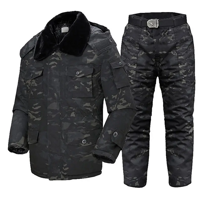 Tactical Thicken Mens Camouflage Set Winter Windproof Warm Training Suit Removable Hooded Combat Uniform Extended Version