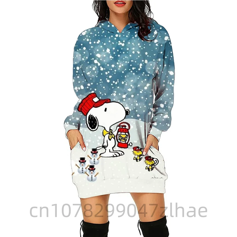 Christmas New Casual Long Sleeve Dress Autumn Winter Women's Snoopy Print Disney Simple Comfortable Hooded Sweatshirt y2k