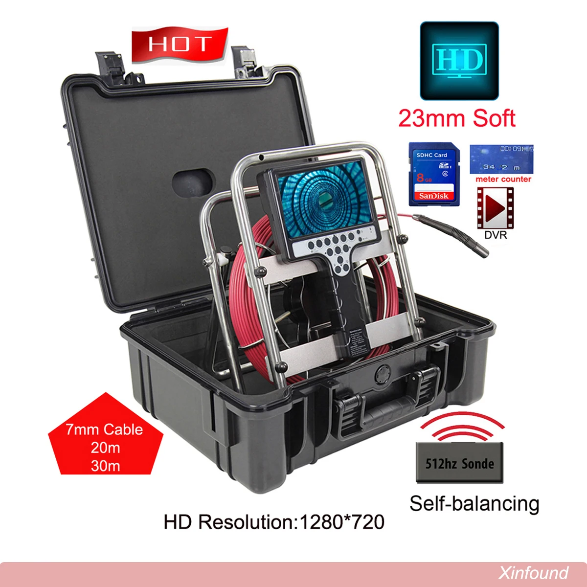 30m Meter Flexible Cable Camera Head  With 512Hz Self Leveling DVR 8GB Sewer Snake Pipeline Drain Inspection Video Camera System