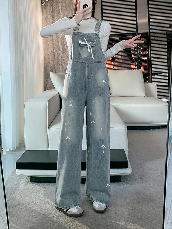 

American Retro Workwear Denim Overalls Women's Spring Summer New Small Size High Waist Stylish Loose Wide Leg Pants