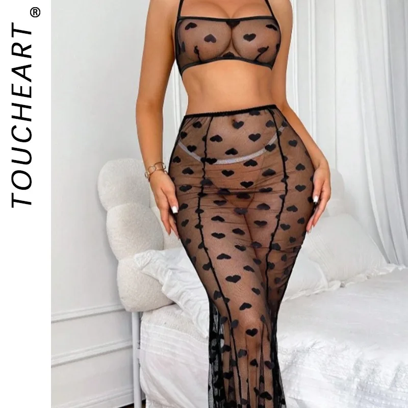

Toucheart Erotic Lingerie with Pants See-through Mesh Love Printing Slim Backless Elegant Hollow Intimate Underwear Split Kit