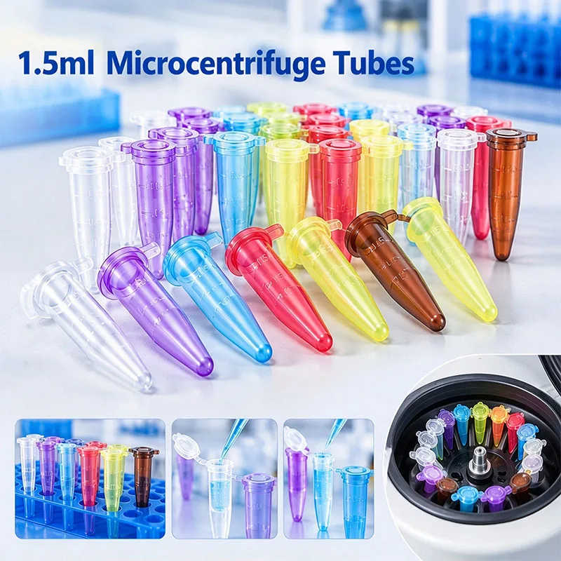 50~200Pcs 0.5Ml, 1.5Ml with Scale Lab Centrifugal Tubes with Pointed Bottom and Cap Centrifuge Tubes Vial