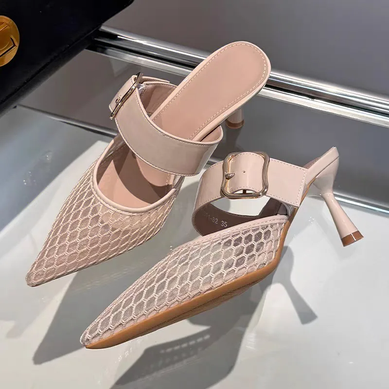 Damen-Halbsandalen für draußen 2026 – Neuheit: Elegante, gewebte High-Heel-Sandalen mit Cut-Outs und spitzer Zehenpartie im französischen Stil