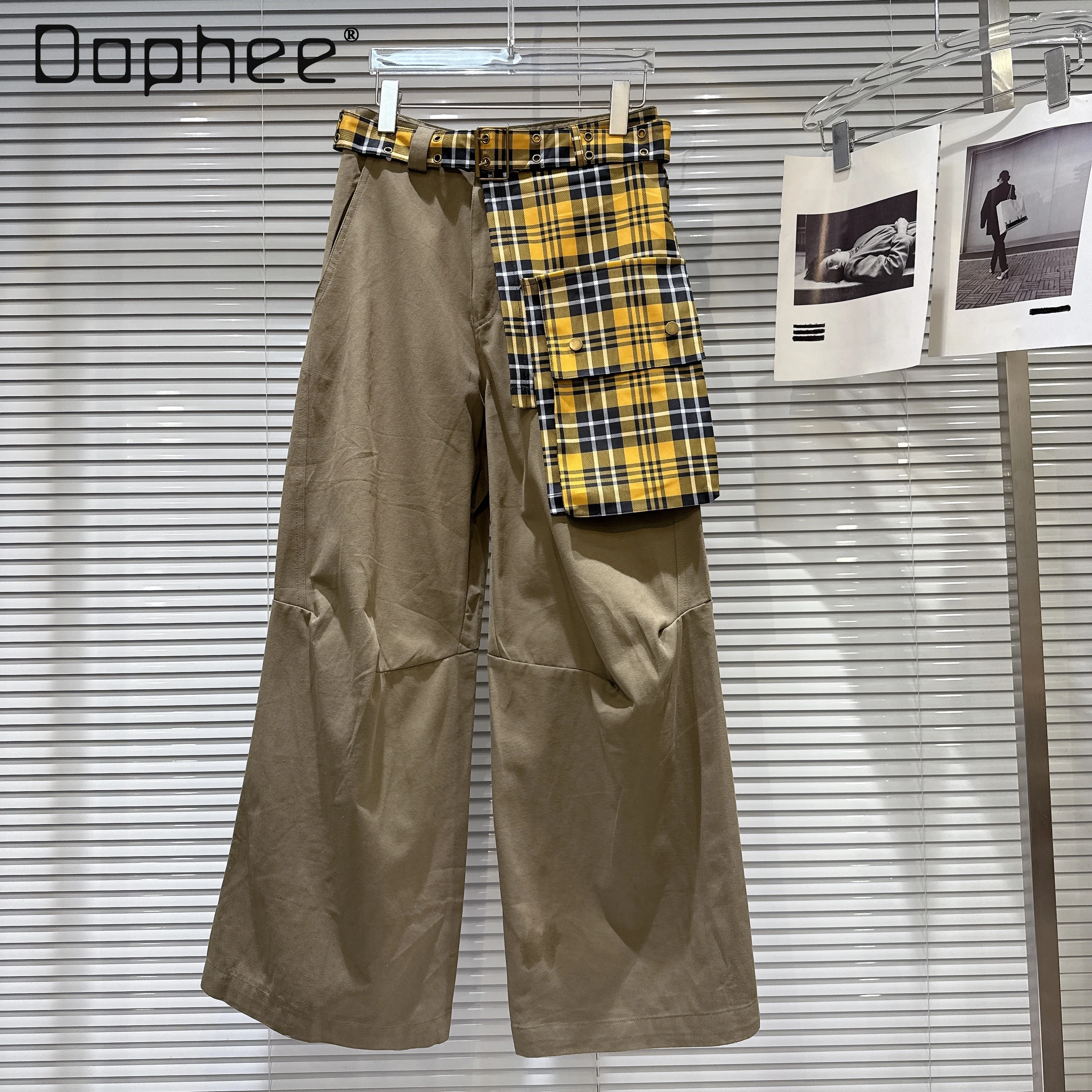 

Autumn New Street Spice Girl Retro Plaid Pocket Waist-sealed Wide-leg Pants Korean Ins Fashion High-waisted Cargo Pants Women