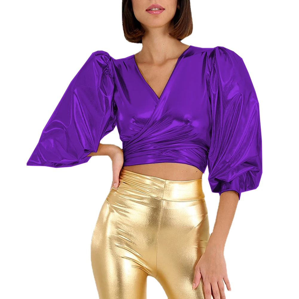 Women's Cross Wrap V-Neck Crop Top,Female Shiny Metallic Puff Half Sleeve T-shirt,Sexy Tops,Vinyl Rave Party Clubwear,Streetwear