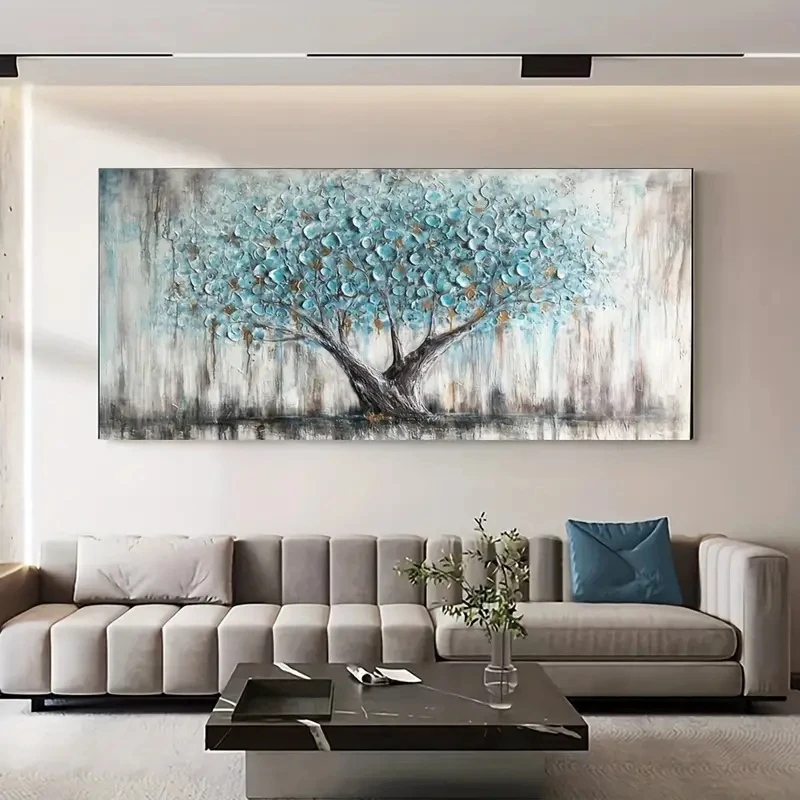Nordic Style Abstract Tree of Life Canvas Prints Turquoise Panoramic Landscape Wall Art Poster for Living Room & Office Decor