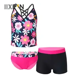 3PCS Kids Girls Tankini Floral Printed Swimsuit Summer Swimwear Beach Bathing Suit Sleeveless Camisole Tops+Bottoms Shorts Set