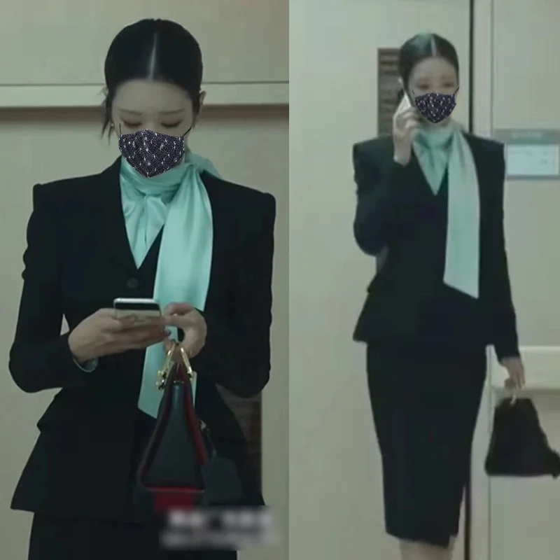 Black Suit Jacket with Shirt Half Skirt Bodycon Skirt Set Slim Fit Small Western Suit for Commute Pure Color Long Sleeve