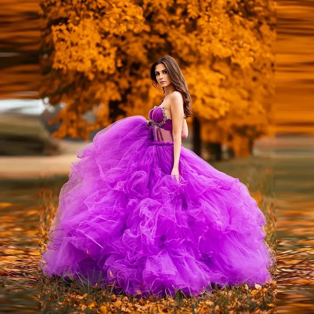 

Puffy Purple Tiered Tulle Long Maxi Gowns Sweetheart Strapless Ruffles Tutu Tulle Prom Gown Crystal Beaded Bridal Dress Lace Up