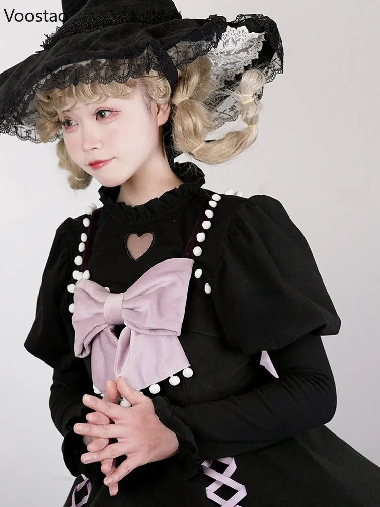 Słodki styl Lolita koszula kobiety śliczne ciepłe Ruffles O-Neck drążą miłość serce słodkie bluzki dziewczyny Harajuku Gothic Y2K wewnątrz topy