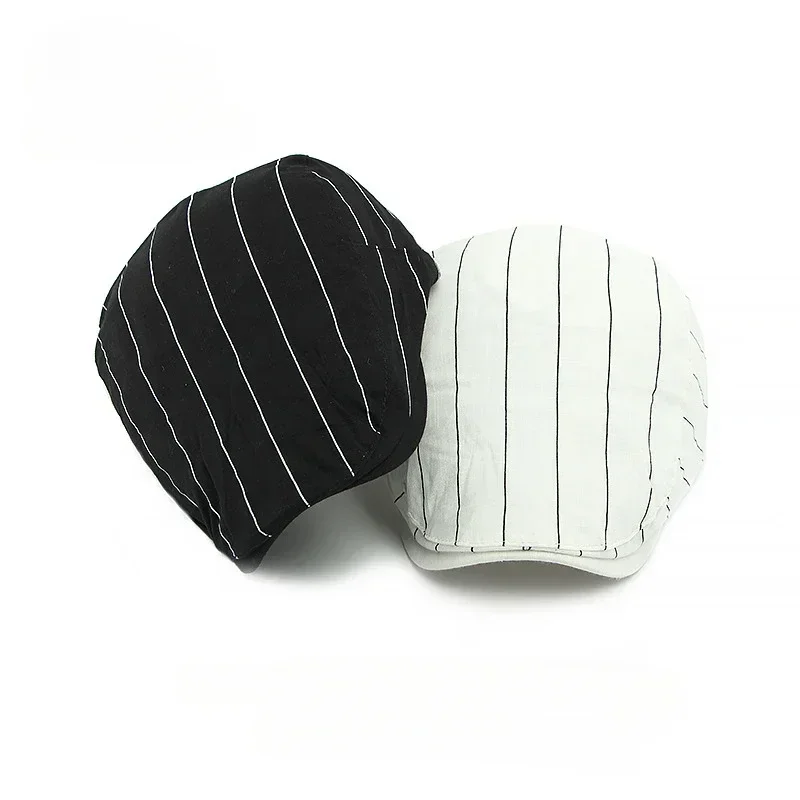 Boinas respiráveis bonés para mulheres homens simples listrado verão chapéu britânico retro boina feminino casual chapéu ajustável preto branco
