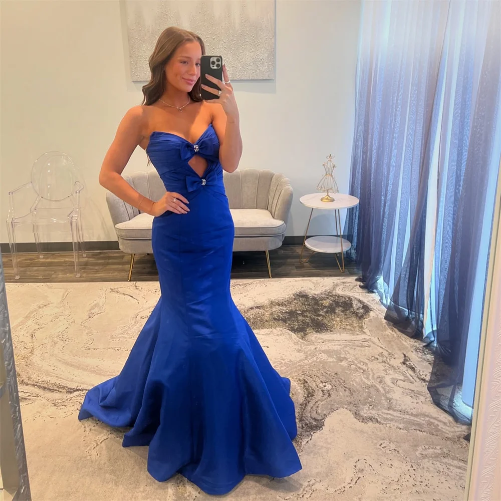 Amanda Customized Deep Blue Strapless Mermaid Trailing Prom Dresses Sleeveless vestidos de noche Bow Formal Evening 2025