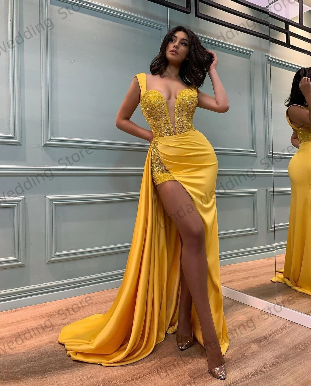 Linda Yellow Evening Gowns for Women  Sweetheart Beading Birthday Prom Dress Morden Formal Slit Prom Party Gowns Customzied