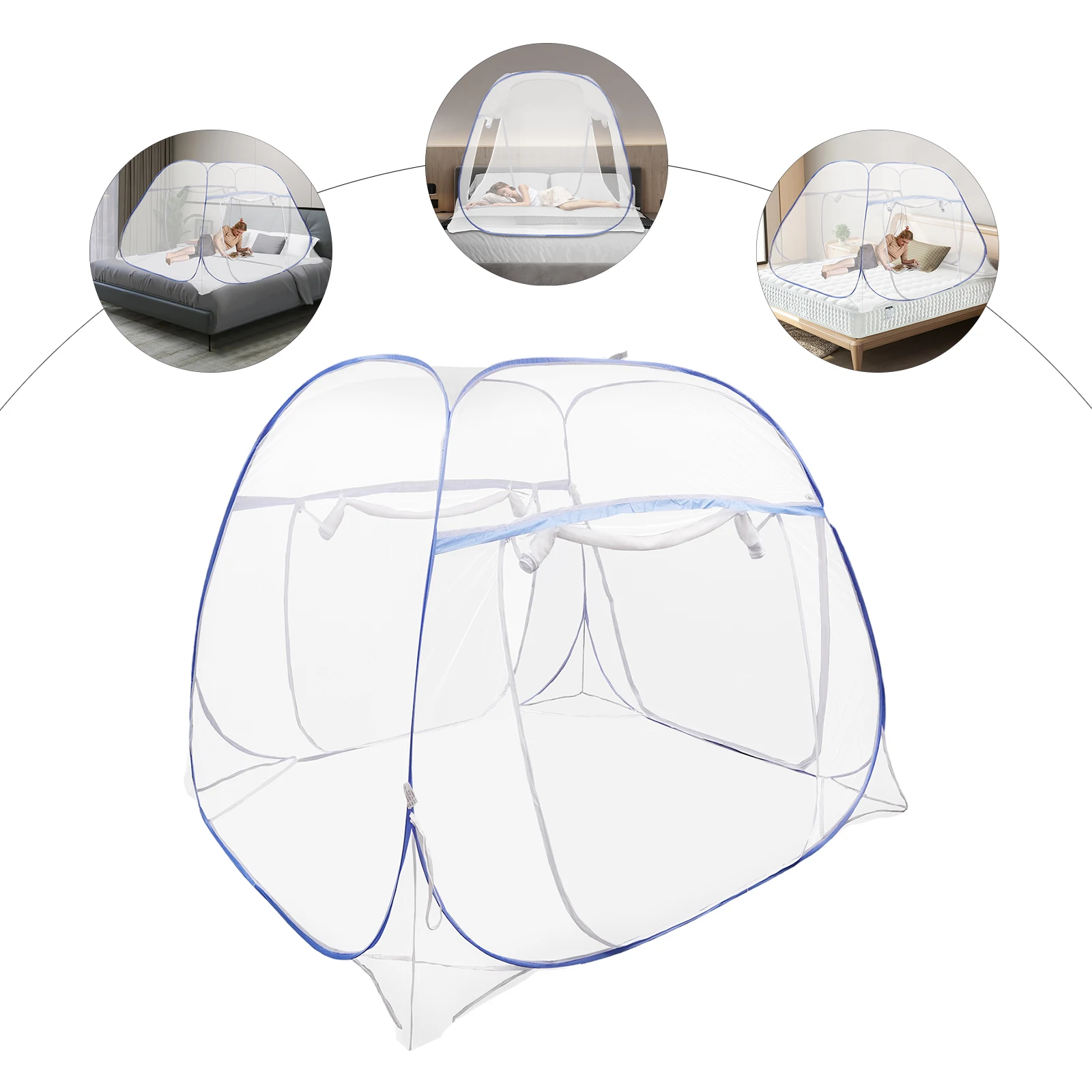1.8M Blue Bed Cover Total Enclosed Anti-Mosquito Bed Canopy with Storage Bag Triple Door Double Zip Design Easy Installation