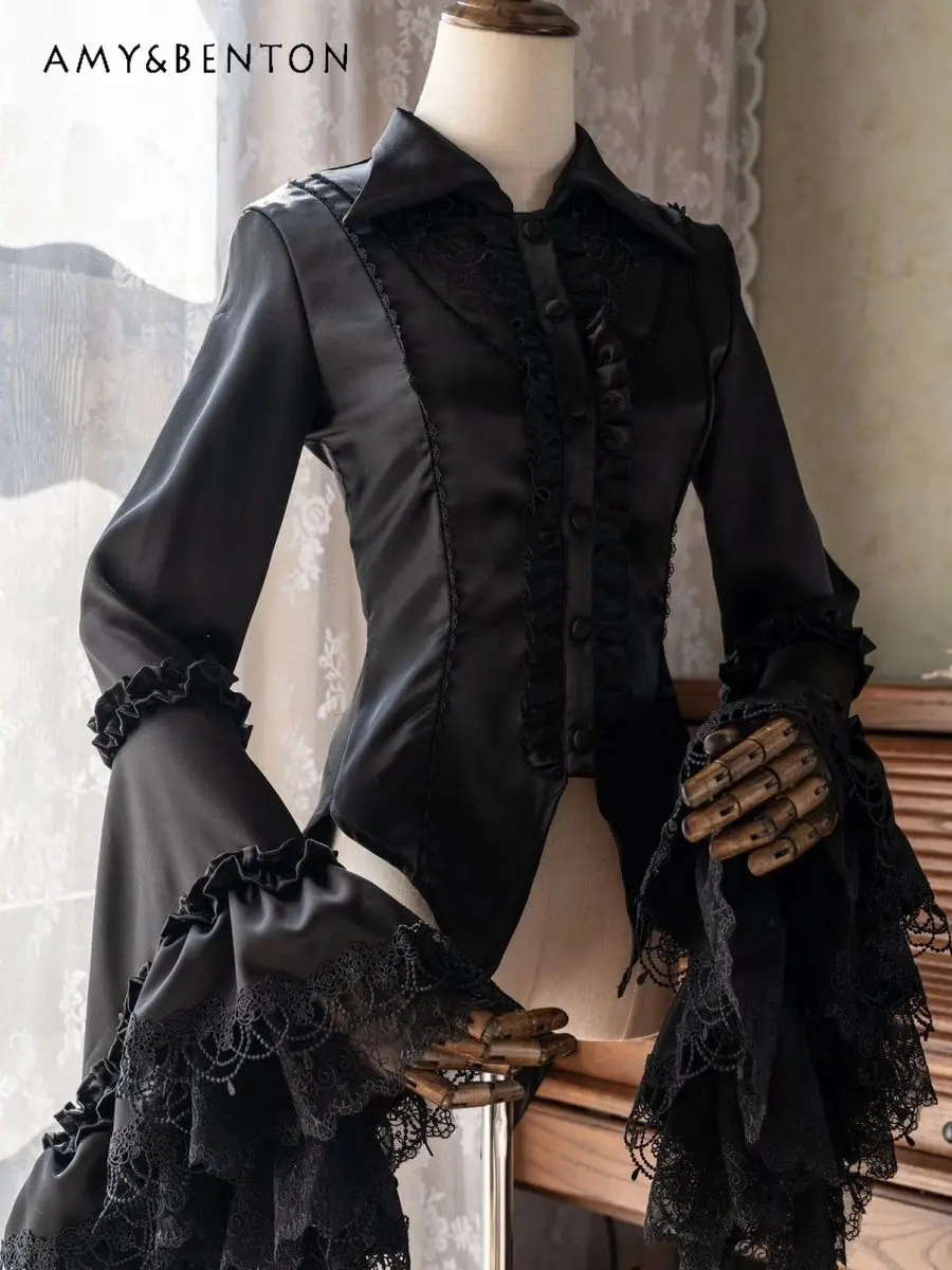Medieval Lolita Top Vintage Gothic Court Style Long Sleeve Shirt Women Polo Collar Lace-Up Slim Heavy Industry Lace Blouses