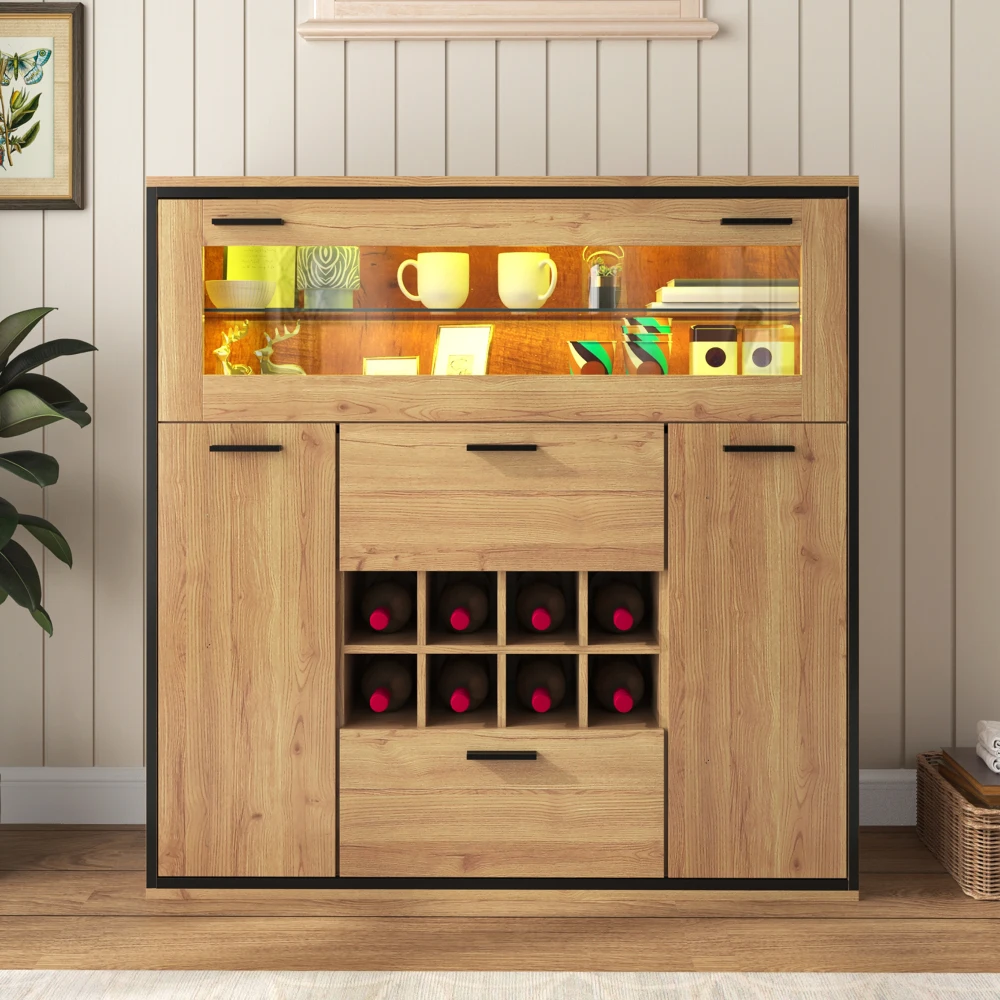 Aparador, Elegante Mueble para Vinos con Puertas Dobles, Estante de Vidrio y Soporte para Botellas, Almacenamiento Estilizado para Cocina y Comedor