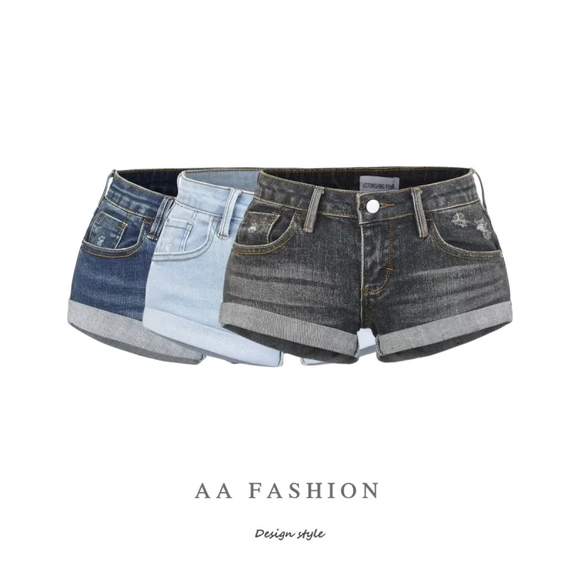 

American Sle Лето с низкой талией Slim Fit Джинсовые орты с манжетами Женские рваные модные Bm20 Застежка-молния с высокой талией