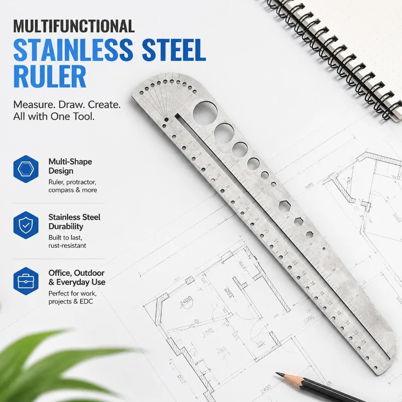 Multi-function Thick Stainless Steel Special Shaped Ruler Large Size Marked Scale with Compass Protractor Hex Key EDC Portable
