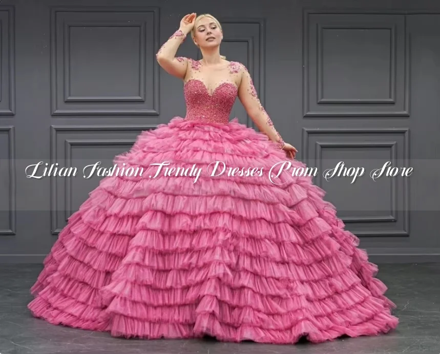 

Розовые платья Fairy Quinceanera, элегантное тюлевое платье с длинными рукавами и бриллиантами, расшитое бисером, с рюшами 15, платье по индивидуальному заказу, платья 15 años