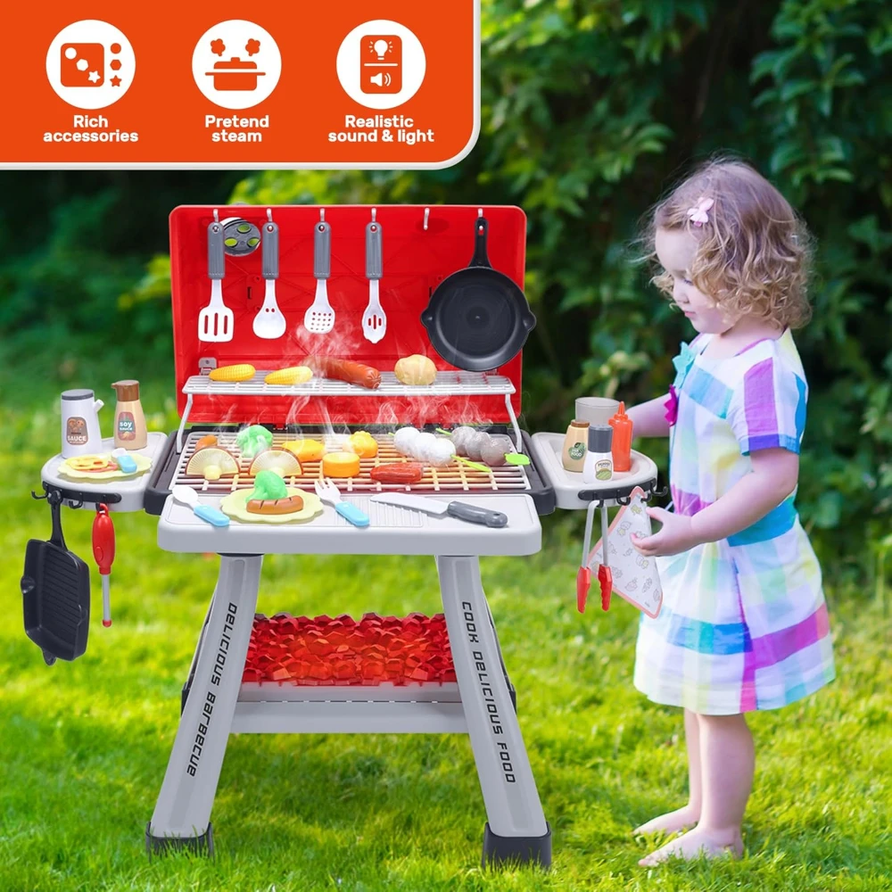 BBQ-grillspeelset voor kinderen, keukenspeelgoedset, realistische rookspeelset, binnen en buiten interactief fantasiespelspeelgoed voor jongens en meisjes