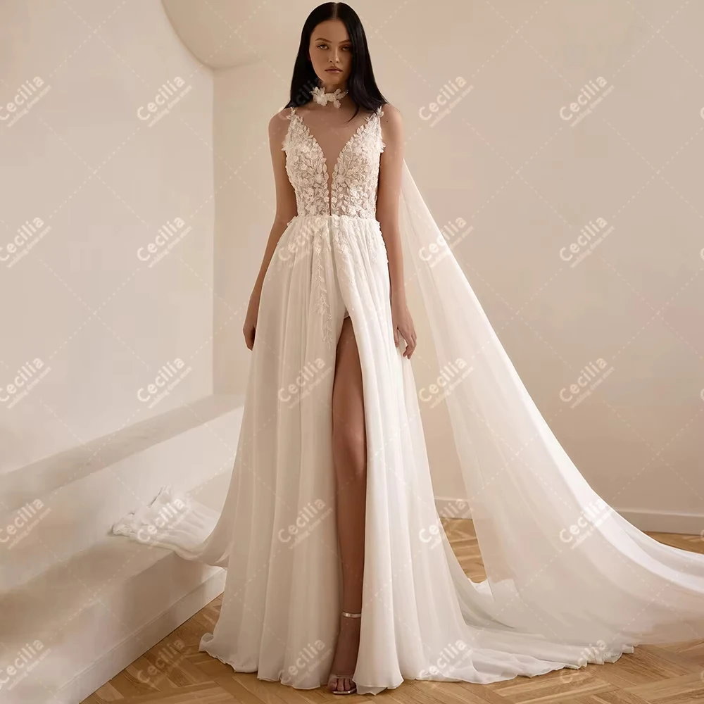 فساتين زفاف أنيقة على شكل حرف A زي العرائس دانتيل زينة رداء رشيق بدون أكمام فتحة عالية مخصصة فيستدوس دي نوفيا 2026 #1