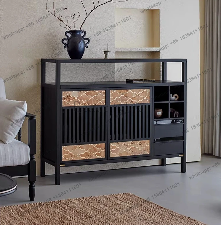 Sideboard next to the second-hand solid wood dining room storage cabinet in the entrance retro wall-against sofa