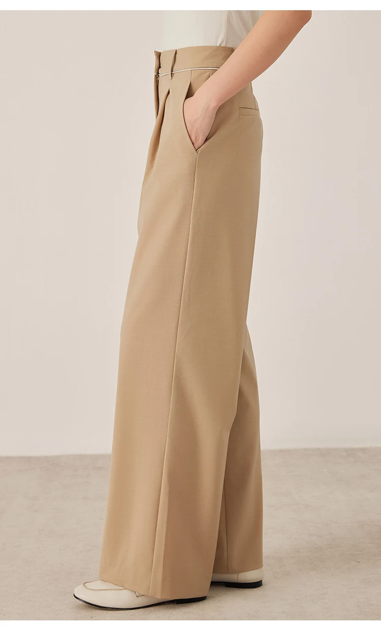 KL9523338 Hoch taillierte Hose aus Wollmischung mit weitem Bein für Damen, plissierte Vorderseite, Herbstmode, Damenbekleidung – Detail 6