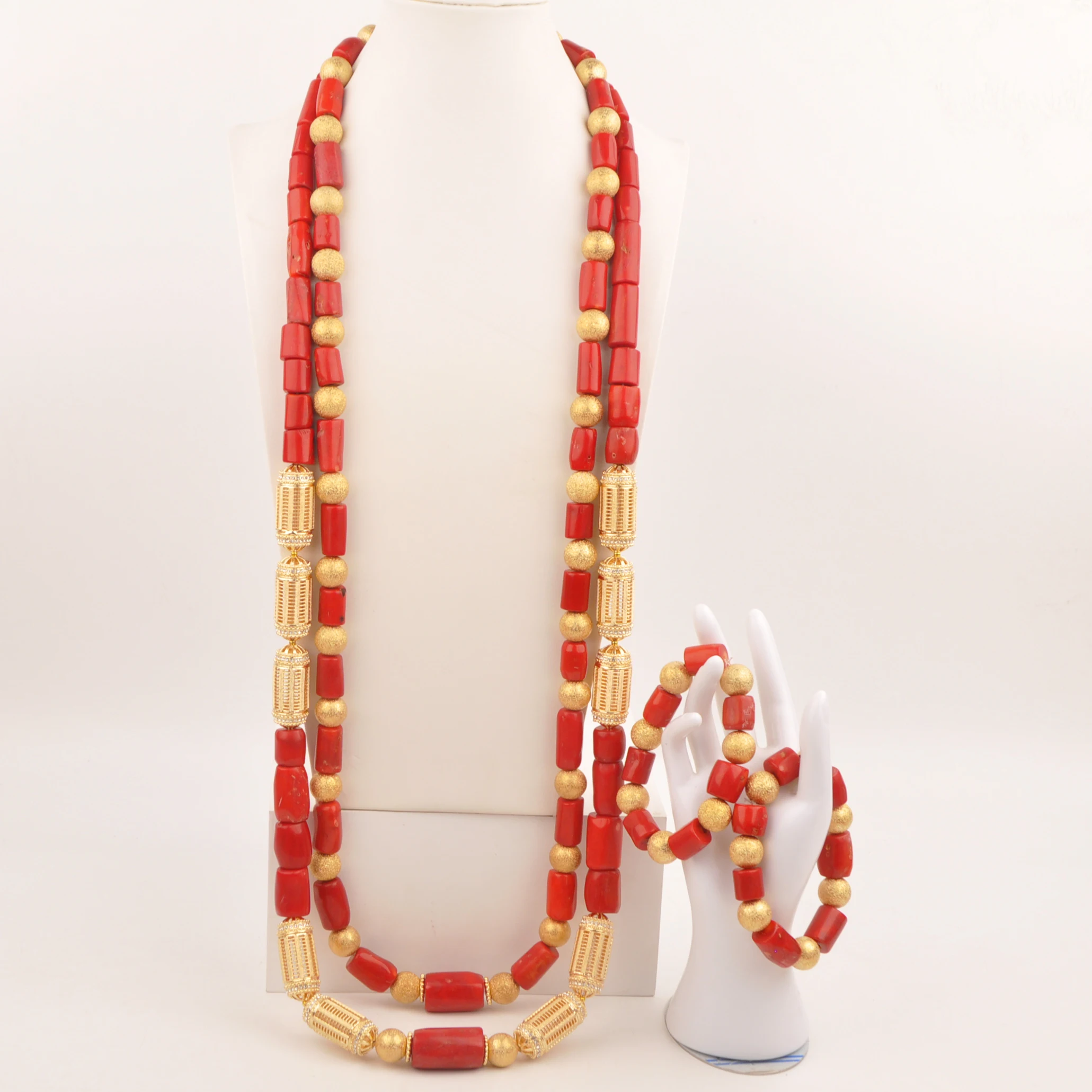 

Nigerian Groom Wedding Necklace Bracelets Real Red Coral Jewelry Set for Men