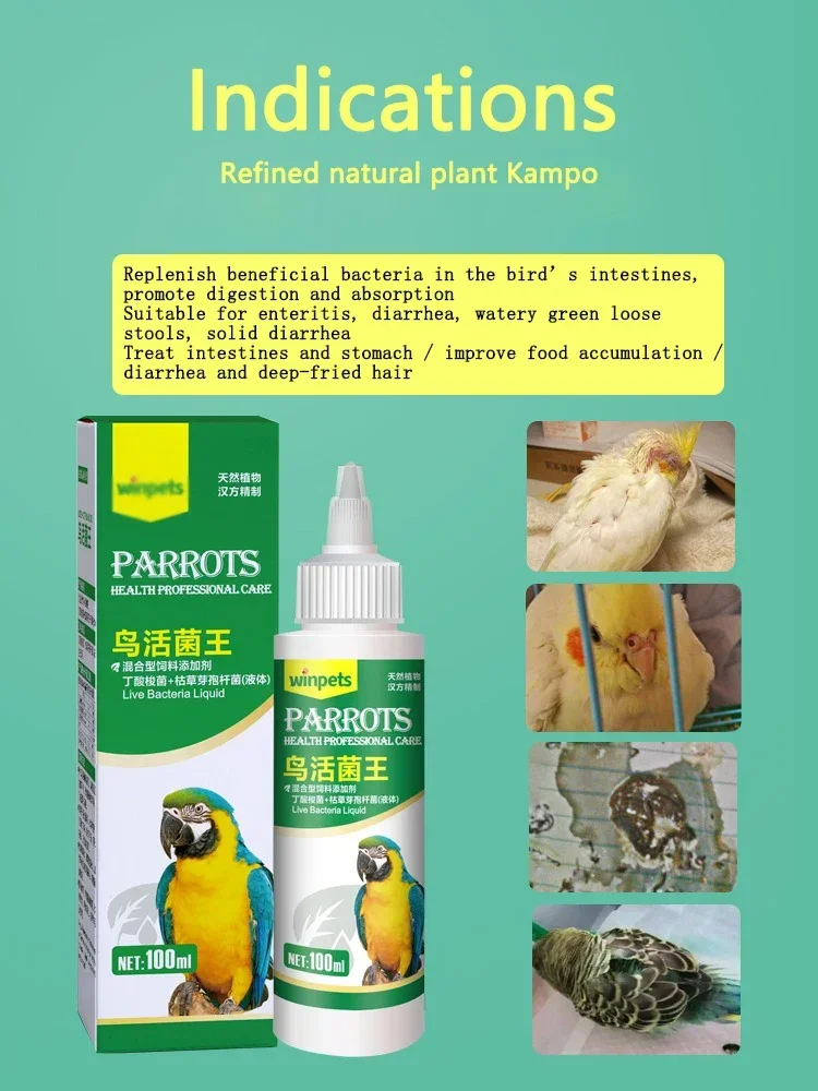 Parrot bird uses probiotic liquid to loosen green stools to regulate intestinal and gastrointestinal dyspepsia