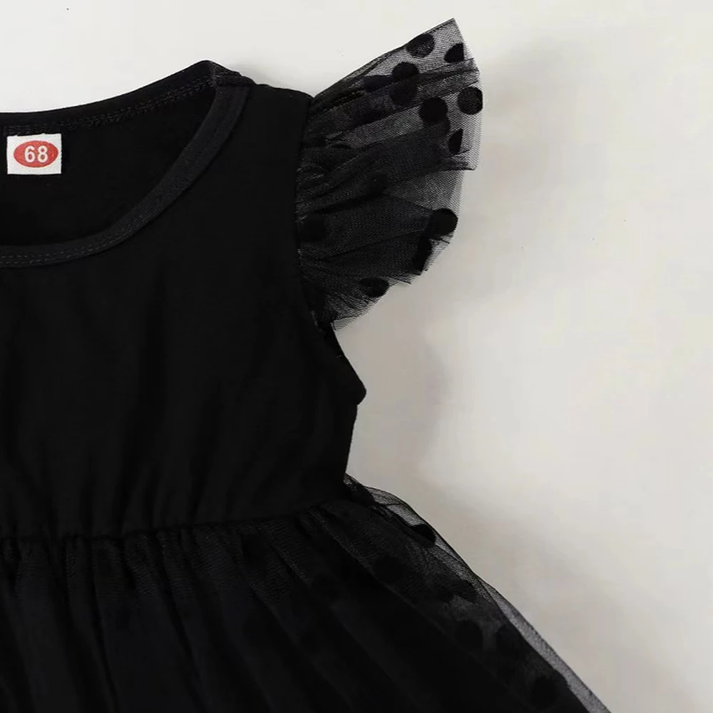 جديد الصيف طفلة أكمام بذلة بلون البولكا نقطة شبكة الأصفاد مع شبكة سوداء بذلة الأميرة نمط