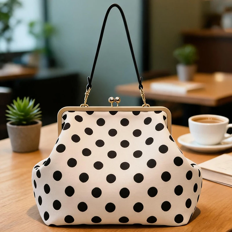 Schwarz-weiß gepunktete Damenhandtasche mit Verschlussrahmen, große Umhängetasche, Vintage-PU-Tragetasche für den Alltag – Detail 4