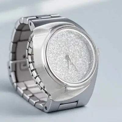 Glitzer-Ringuhr, Damenuhren, Unisex-Ringe mit Uhr, modischer Finger, Silber, Quarz