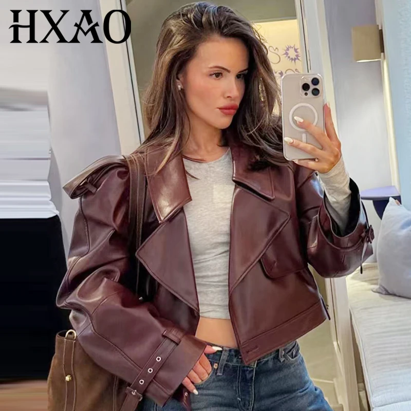 

HXAO укороченная кожаная куртка, женская куртка, осень 2021, бордовая, черная верхняя одежда, женское верхнее пальто с длинными рукавами, мотоциклетная куртка
