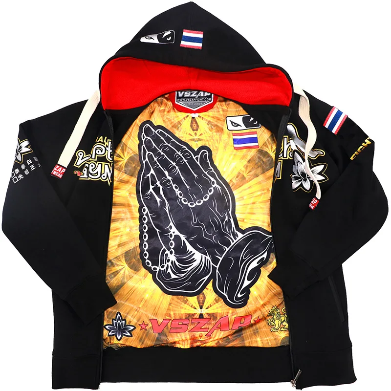 Vszap Fitness Sweater Hoodie Muay Thai Combat Fighting Golden Lotus Big Hand Personality MMA Zipper Jacket