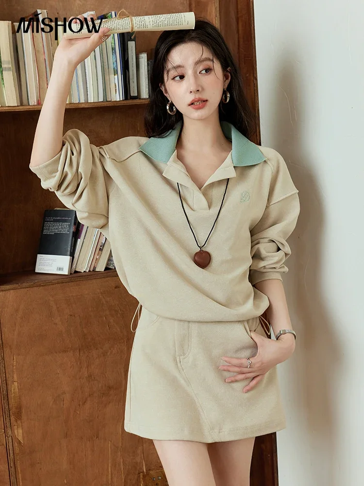 

MISHOW POLO Neck Sweatshirt Solid Skirt Separately 2024 Sports Casual Contrasting Letter Embroidery Top Short Skirt MXD44V0097