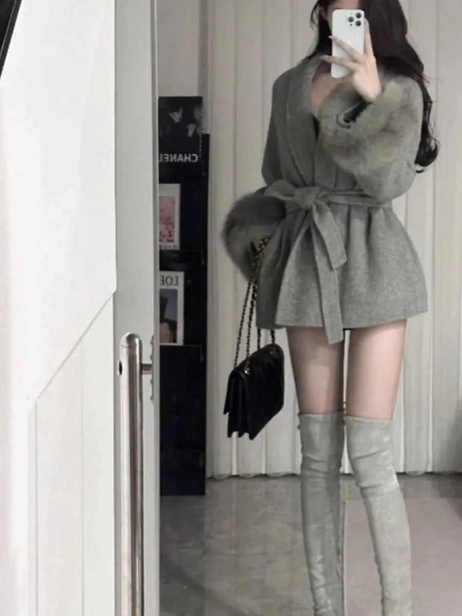 Elegant Grey Woolen Coat Women's Winter Stylish Belted Midi Coat Warmth Flattering Commute Pure E-commerce Exclusive