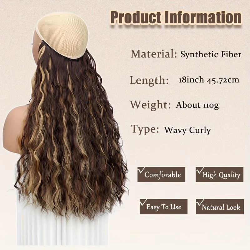 18Inch Synthetic Long Wave Curly Invisible Hair Extensions Fish Line Halo Hairpiece Heat Resistant For Women Daily Use - view 2