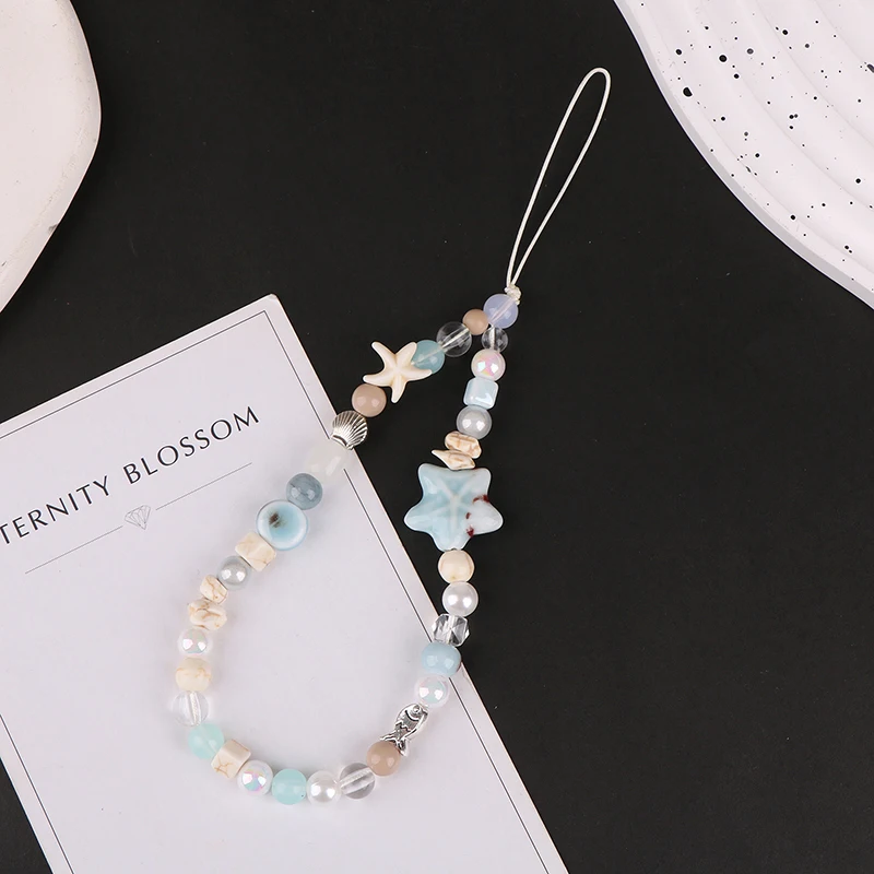 INS Blue Star Seashell Beaded Phone Strap Cute Charm Chain Flower Phone Lanyard Keychain Woman Girl Bag Pendant For Phone Case