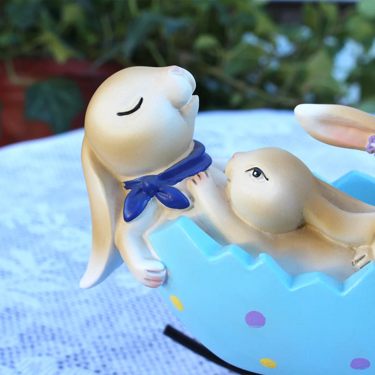 Easter Bunny in Blue Cradle- Resin Decor for Garden & Home