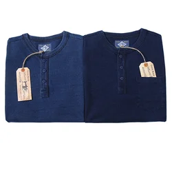 BOB DONG Plants Dyed Indigo Henley T-Shirt Vintage Fashion Short Sleeve Tee Amekaji