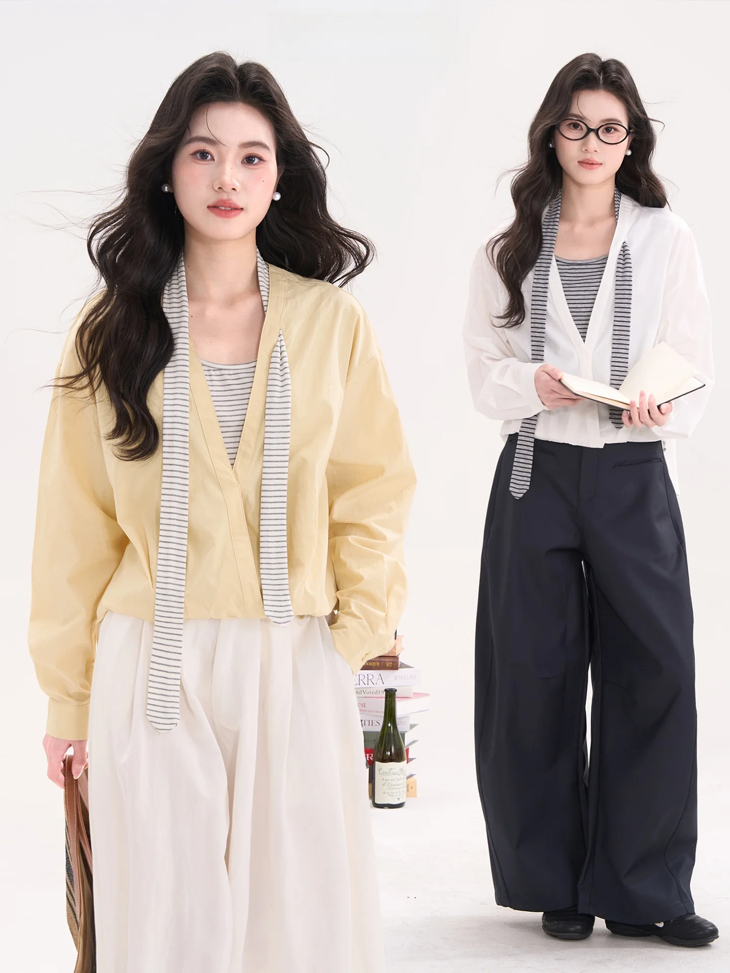 

Heme Spring Creamy Stripe Sash Shirt Women's Elegant Commute Top Loose Fit Fake Two-Piece Cotton Long Sleeve Short Length