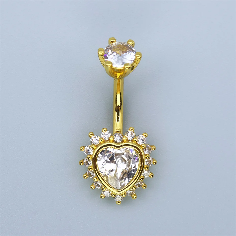 Bright CZ Zircon Heart Belly Button Ring 14G Medical Titanium Surgical Steel Bar Navel Piercing Women Jewelry Gold Silver Color