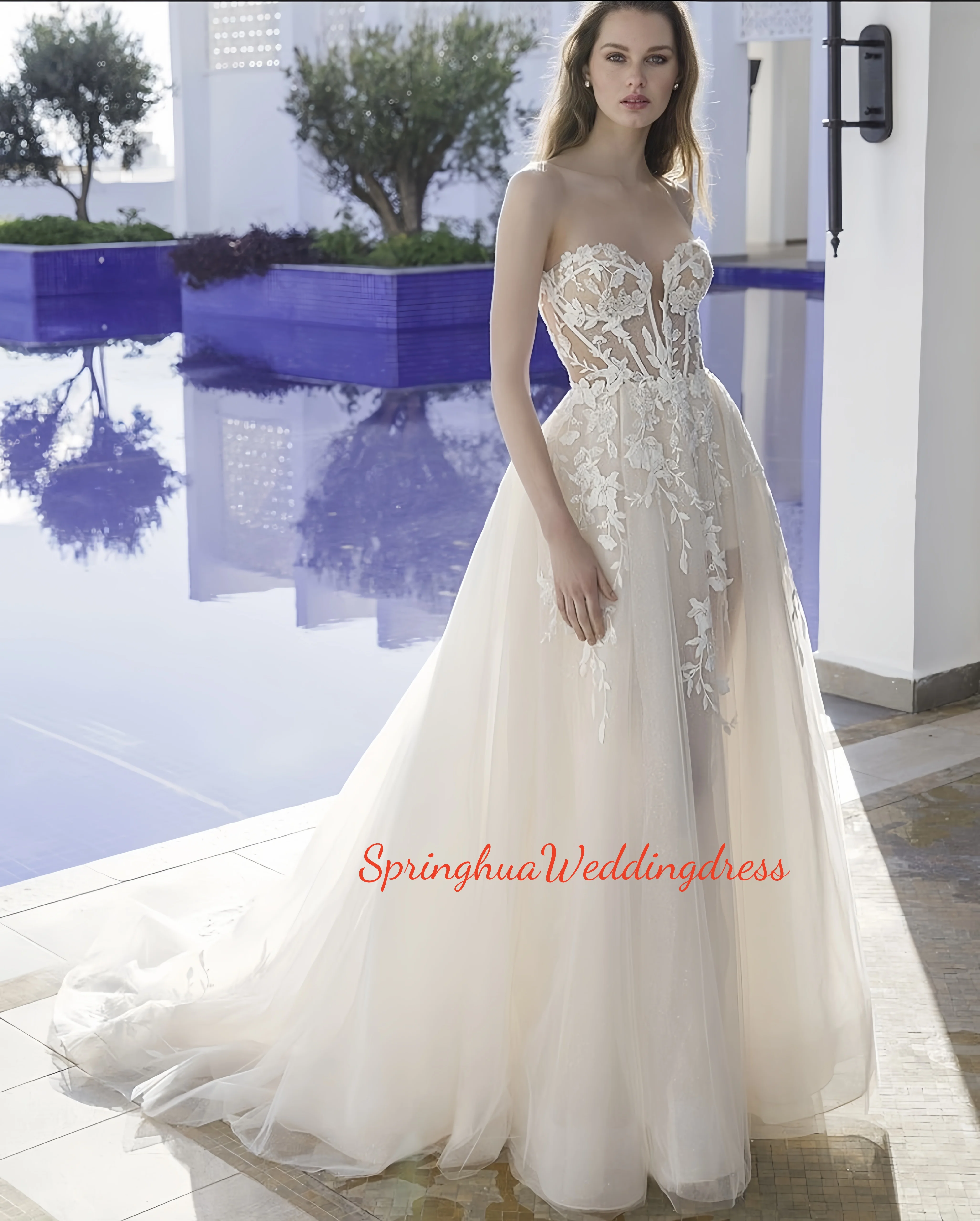 

Custom-made Shoulder Lace Wedding Dress A Line Sweetheart Neck Lace Bride Dresses Side Split Wedding GownVestidos de novia