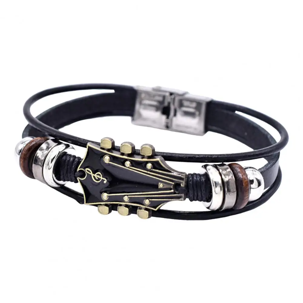 Braided Guitar Bracelet Zinc Alloy Adjustable Buckle Manual Woven Faux Leather 3-layered Retro Punk Wrist Jewelry