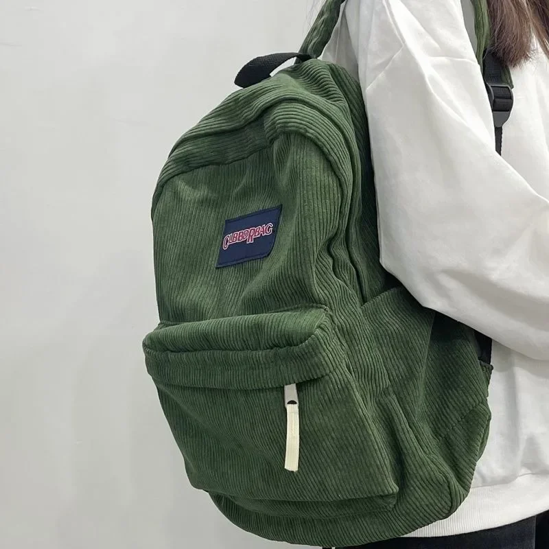 Vintage Boy Girl Corduroy Green School Bag Men Women Laptop College Backpack Cool Lady Student Fashion Female Travel BookBag New